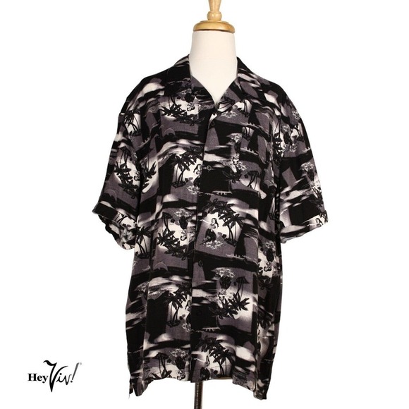 Vintage Puritan Hawaiian Shirt Hula Dancer Black Gray White Size Large - Hey Viv - Picture 1 of 5